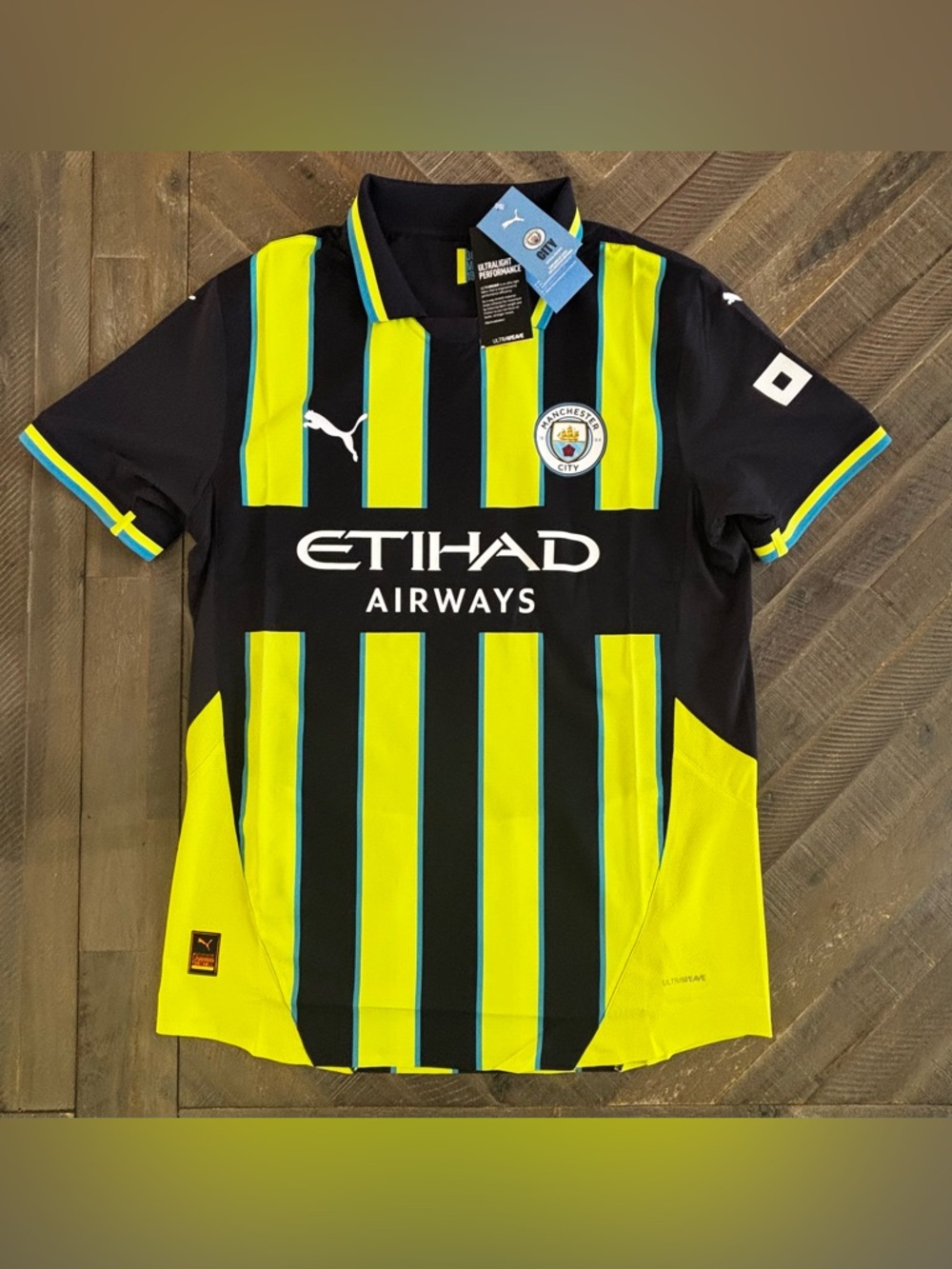 Authentic PUMA Manchester City Away Soccer Jersey Black Yellow Blue L